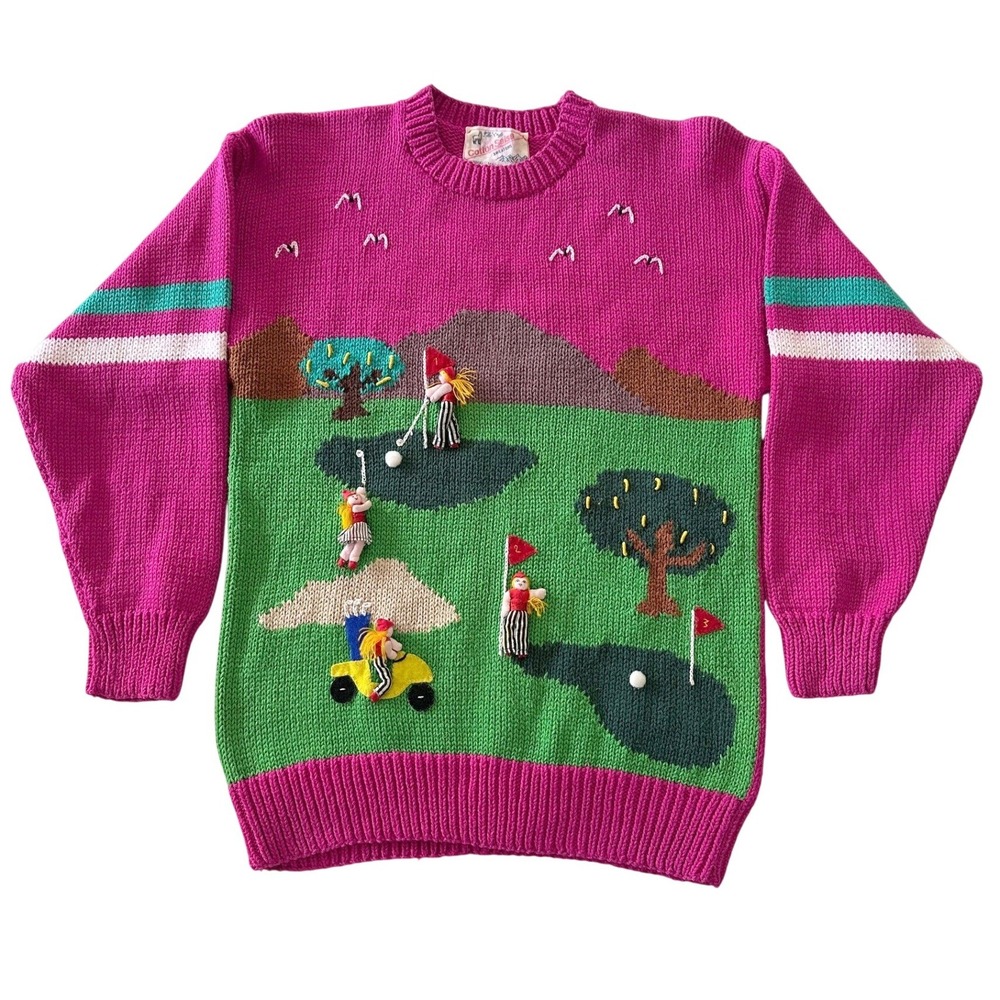 Vintage Cotton Salsa Hand Knit Golf Sweater Women L Pink Green Intarsia Peru 3D
